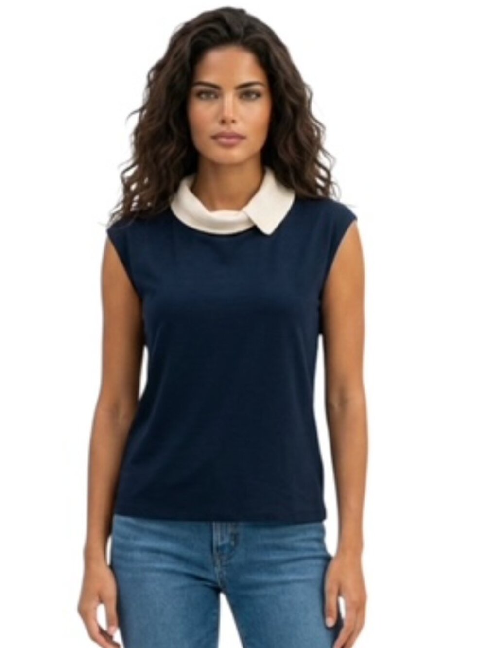 Edward Achour Paris Large Navy Sleeveless White Bow Neck Detail Sleevele…